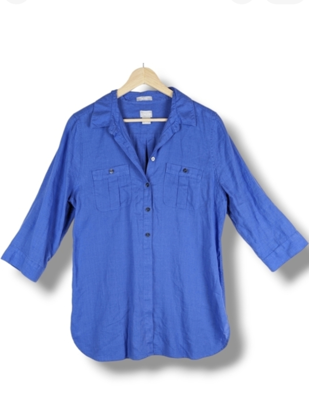 Chico's Linen Tunic Blouse Top 1 8 Medium Blue 3/4 Length Sleeve Natural
